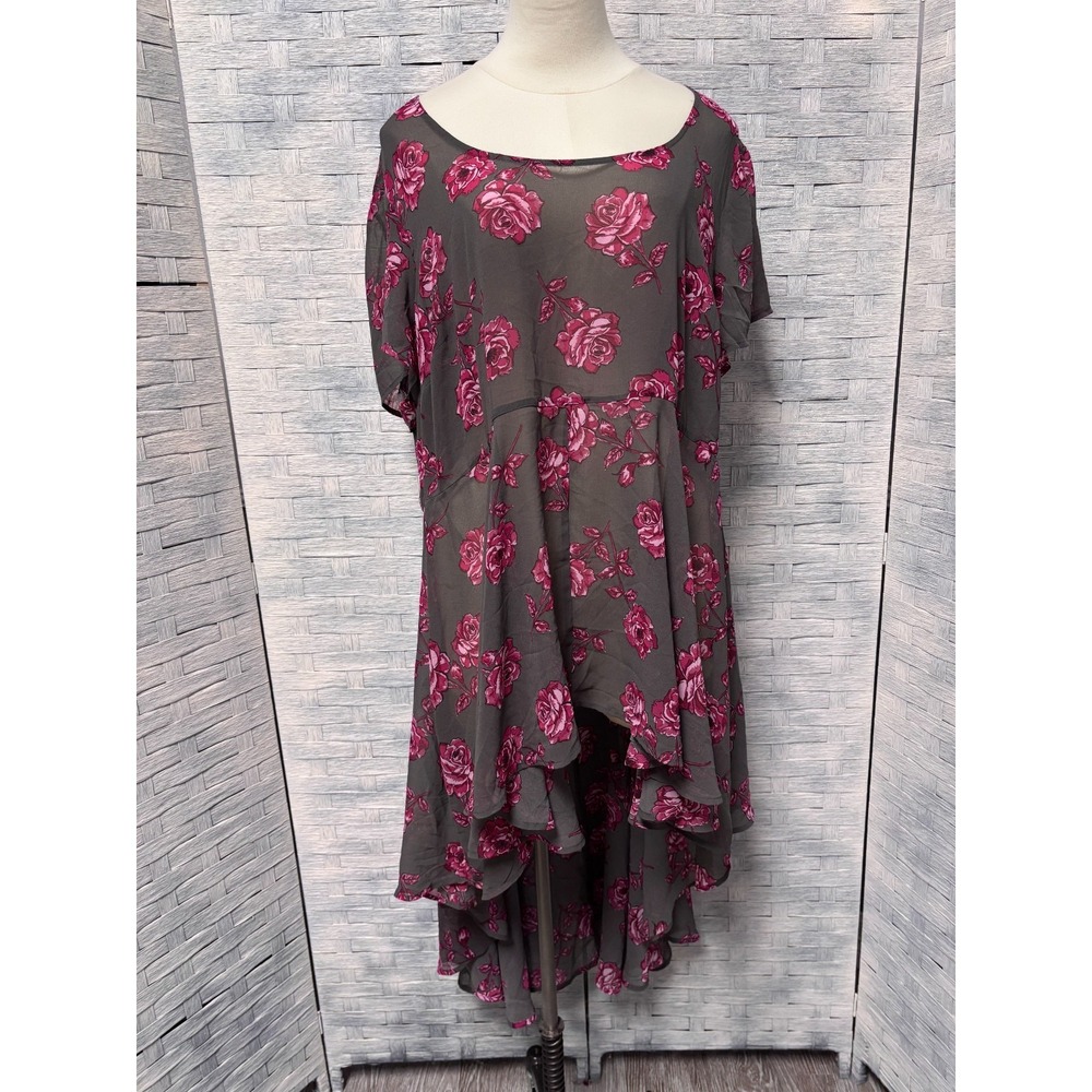 Torrid Womens‎ 3 Tunic Grey Pink Rose Floral Chiffon High Low Sheer Goth Top